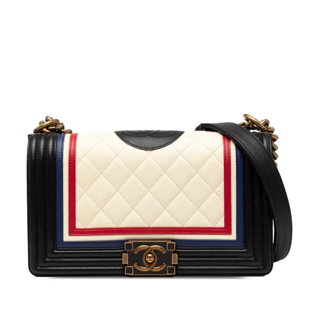 White Chanel Old Medium Multicolor Quilted Lambskin Crest Boy Flap Crossbody Bag in White Lambskin from Designer Revival