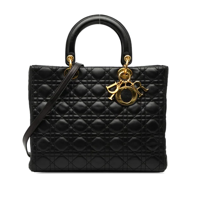 Black Dior Large Lambskin Cannage Lady Dior Satchel in Black Lambskin from Designer Revival