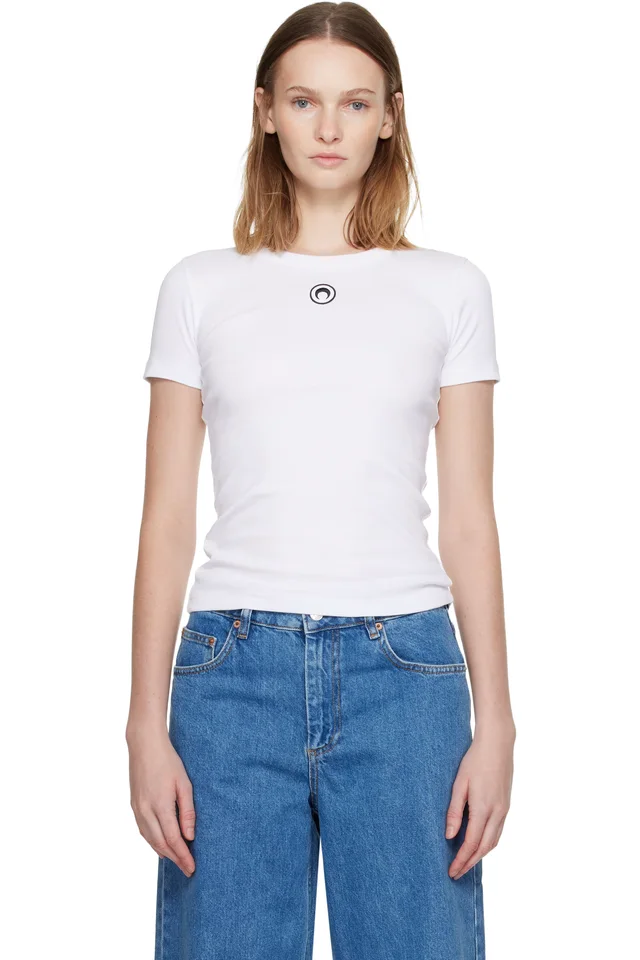 Marine Serre White Moon Logo Ribbed Jersey Baby Fit T-shirt, image 1 of 1 from SSENSE