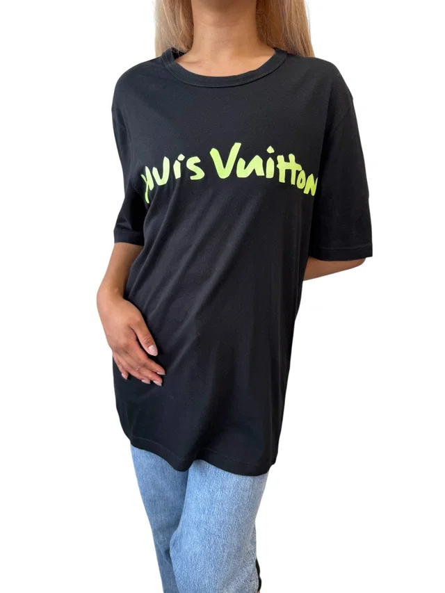 Louis Vuitton Vintage Graffiti T-shirts Top Mens #M Black Light Green Cotton in Black from Luxury Promise