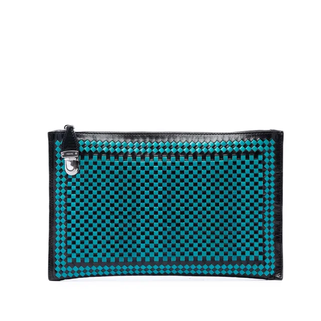 Blue Prada Woven Goatskin Madras Zip Clutch in Blue Goatskin from Designer Revival