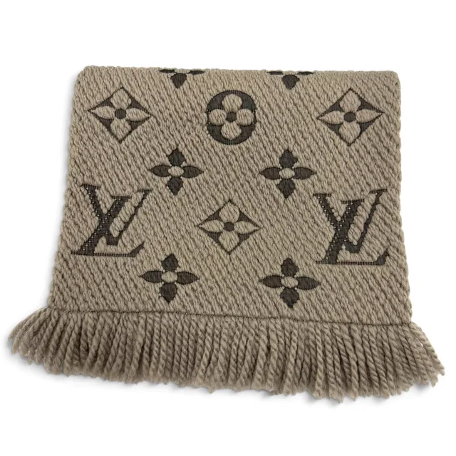 Louis Vuitton Logomania Scarf Monogram Wool Silk Fringed Greige in Taupe Silk from The Reluxe