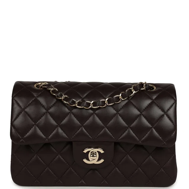 Chanel Small Classic Double Flap Bag Dark Brown Lambskin Light Gold Hardware in Brown Lambskin from Madison Avenue Couture