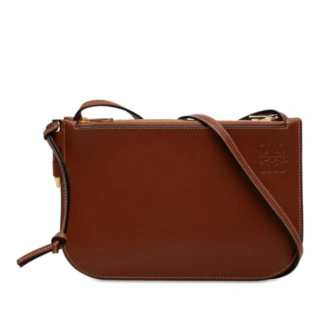 Brown LOEWE Leather Gate Double Zip Pouch Crossbody Bag in Brown Leather from Designer Revival