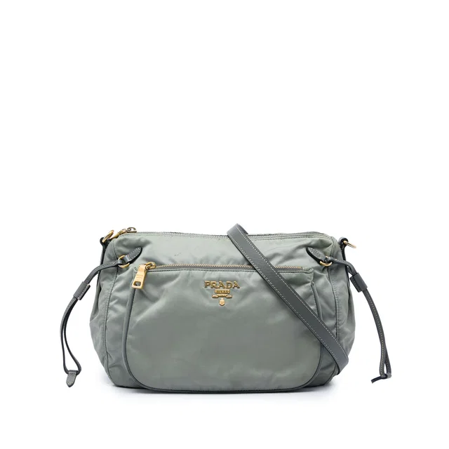 Gray Prada Saffiano Trimmed Tessuto Zip Top Crossbody in Grey Saffiano leather from Designer Revival