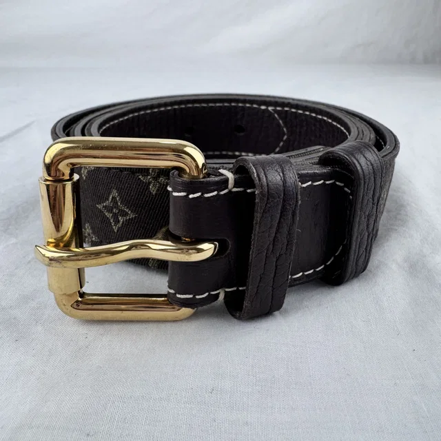 Louis Vuitton Brown Monogram Mini Lin Canvas / Leather Belt 90cm in Brown Canvas, Leather, Metal from Reowned