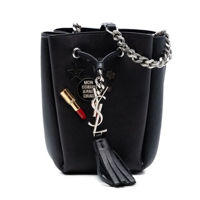 Black Saint Laurent Mini Leather Monogram Embellished Bourse Bucket Bag in Black Leather from Designer Revival