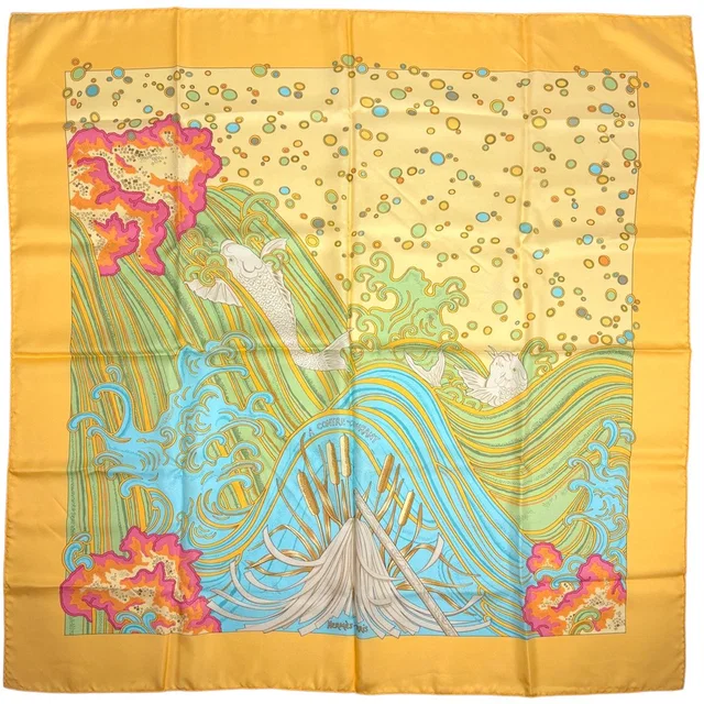 Hermès Carre 90 Contre Courant Scarf Silk Yellow Multicolor in Yellow Silk from The Reluxe