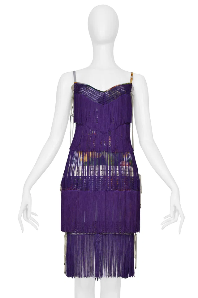Dolce & Gabbana Purple Fringe Dress With Floral Print 2003 in Purple Silk from Resurrection Vintage