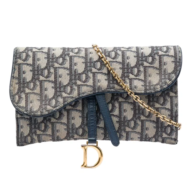 Blue Dior Oblique Canvas Saddle Wallet On Chain Crossbody Bag in Blue Canvas from Designer Revival