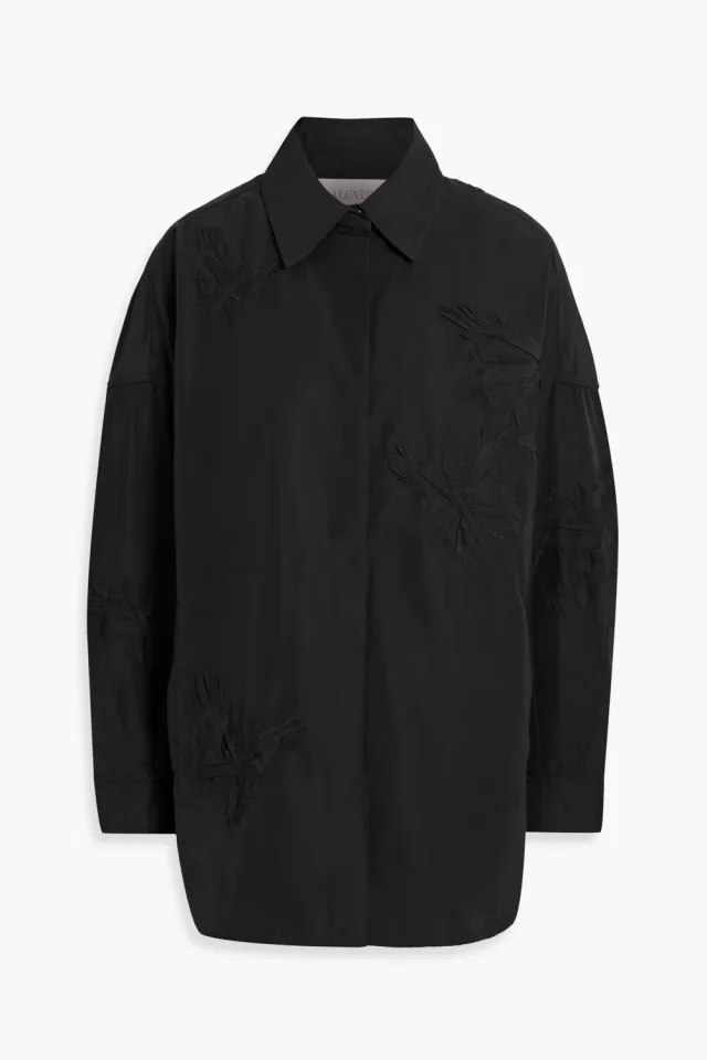 Valentino Garavani Appliquéd Cotton-Blend Faille Shirt Jacket in Black, photo 5 of 8 from THE OUTNET
