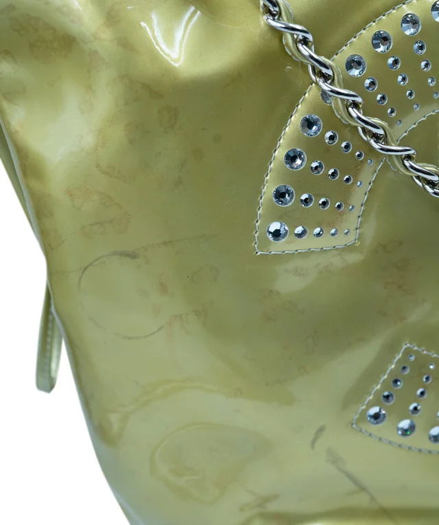 Chanel vinyl gold tote bag with large CC logo crystal diamante detailing in Gold from Luxury Promise, photo 6 of 7