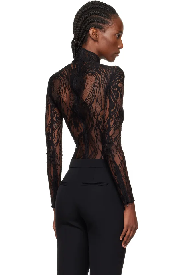 BALMAIN Black Long-Sleeved Lace Bodysuit, photo 3 of 5 from SSENSE