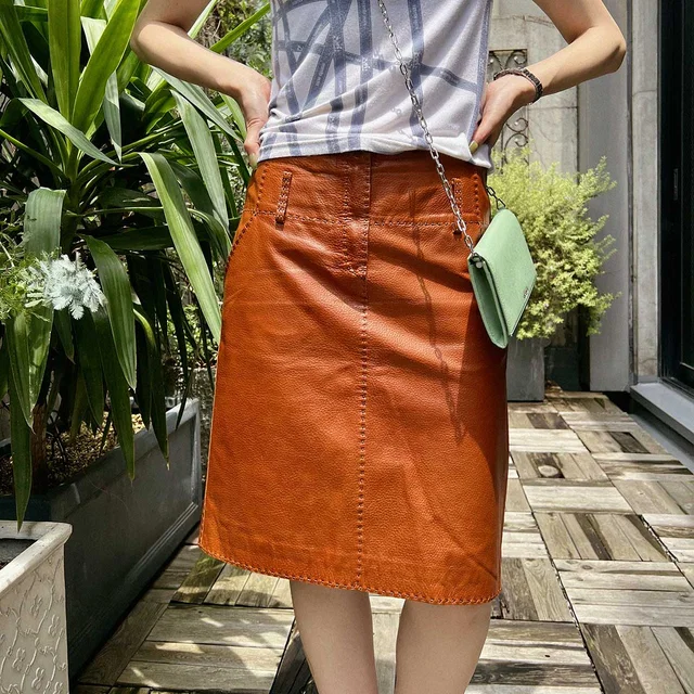 Fendi Leather Stitch Design Skirt #42 Brown in Brown Leather from VINTAGE QOO TOKYO