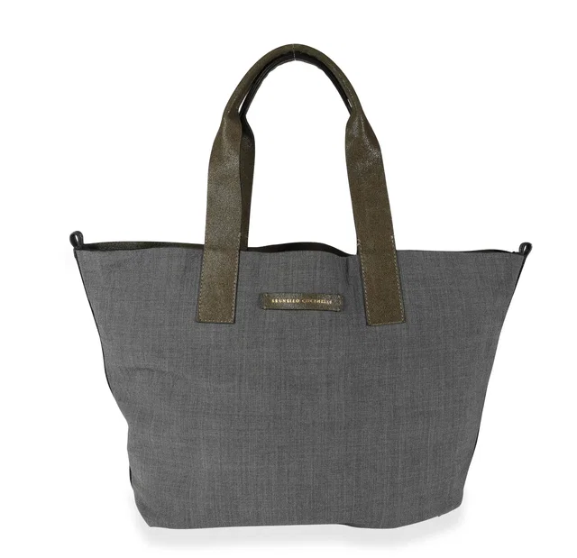 Brunello Cucinelli Olive Suede & Gray Wool Reversible Tote Green Handbag in Green Suede from HEWI