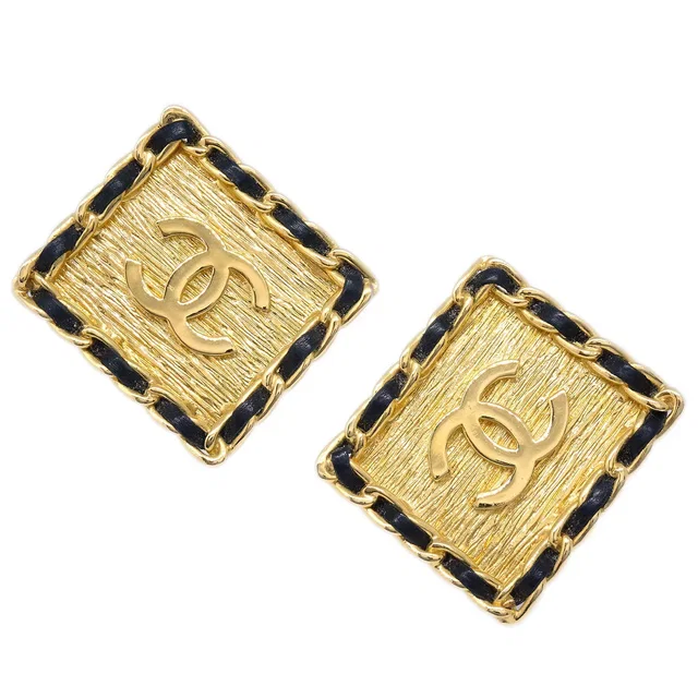 Chanel Chain Around Rectangular Earrings Clip-On Gold 26 in Gold Leather from AMORE Vintage Tokyo
