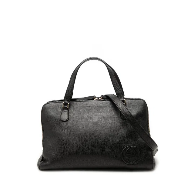 Black Gucci Pebbled Calfskin Soho Working Satchel in Black Calfskin from Designer Revival