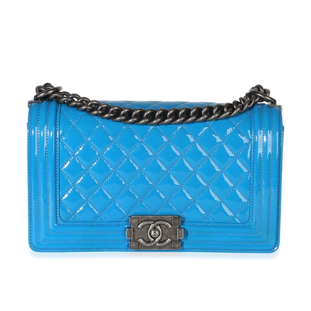 Chanel Blue Quilted Patent Old Medium Boy Bag in Blue Patent leather from myGemma