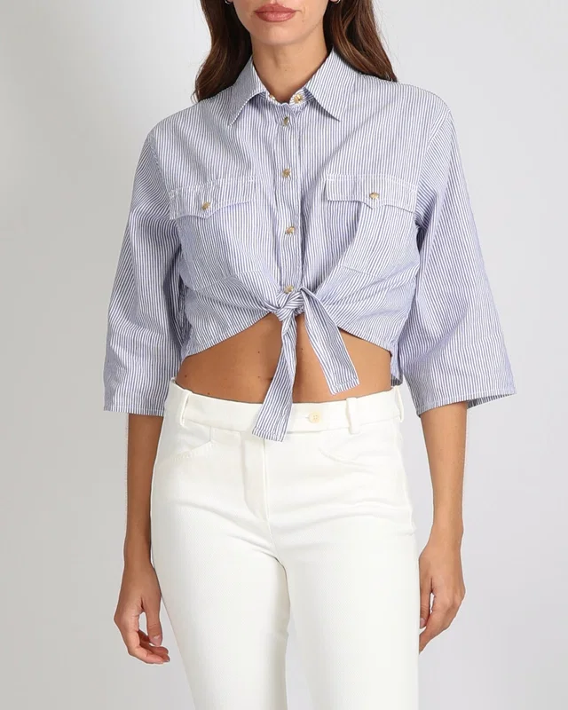 Celine Blue and White Linen and Cotton Blend Striped Cropped Shirt with Gold Buttons and Front Tie… in White from Sellier