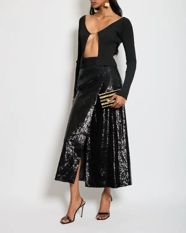Miu Miu Black Sequin Straight Midi Skirt with Split Size IT 38 (UK 6) in Black from Sellier