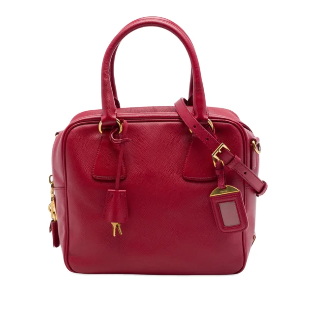 Red Prada Small Saffiano Square Bauletto Satchel in Red Saffiano leather from Designer Revival