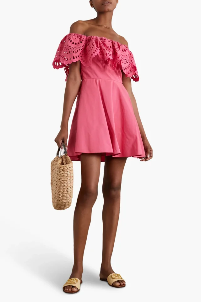 Valentino Garavani Off-the-Shoulder Broderie Anglaise Cotton-Blend Mini Dress in Pink, photo 2 of 4 from THE OUTNET