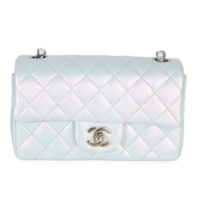 Chanel Blue Iridescent Quilted Goatskin Rectangular Mini Flap Leather Handbag in Blue Goatskin from HEWI