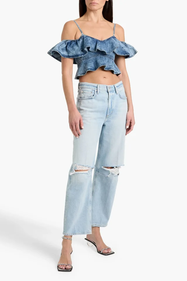 Marant Étoile Voloteo Cropped Cold-Shoulder Denim Top in Mid denim, photo 2 of 4 from THE OUTNET