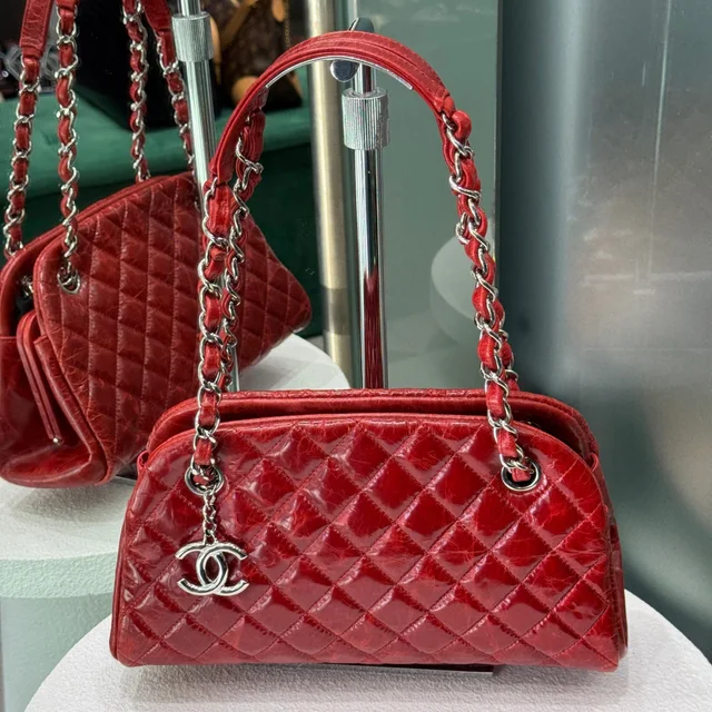 Chanel Patent Red Mademoiselle Bowling Bag in Red Patent leather from Revivre Luxury Consignment