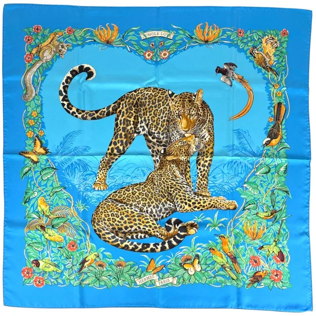 Hermès Carre 90 Jungle Love Scarf Leopard Print Silk Blue Multicolor in Blue Silk from The Reluxe
