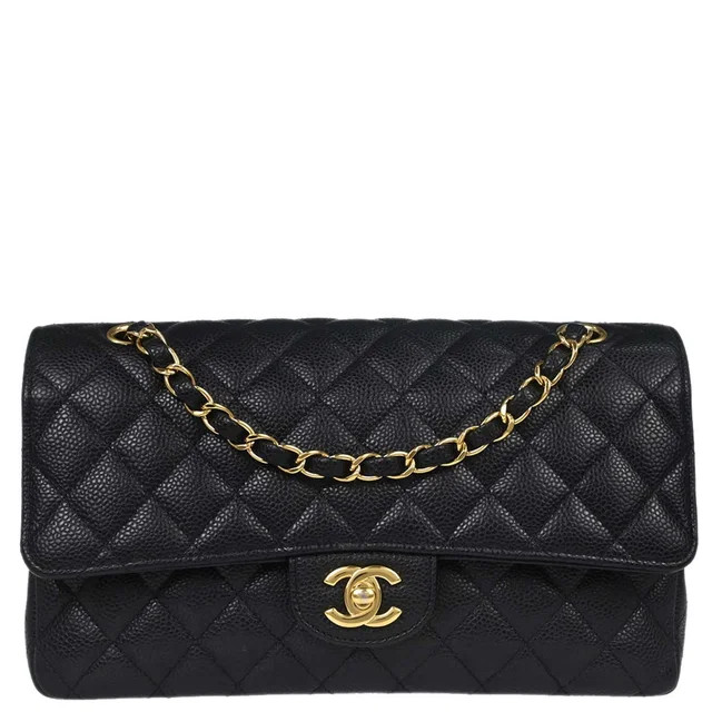 Chanel 2018 Black Caviar Skin Medium Classic Double Flap Shoulder Bag in Black Caviar leather from AMORE Vintage Tokyo