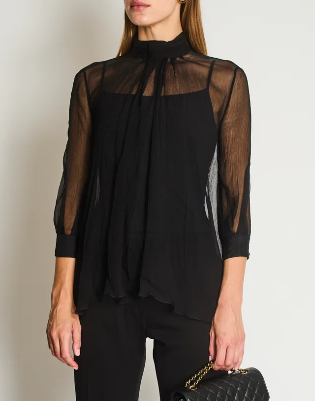 Alexander McQueen Black Ruched Silk Gauze Transparent Shirt with 3/4 Sleeves and Button Detail IT 40 (UK 8) in Black Silk from Sellier