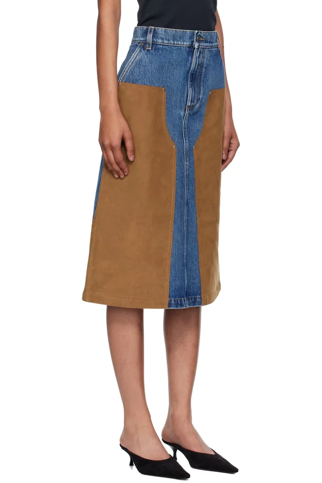 Stella McCartney Blue & Tan Mixed Denim & Faux-Suede Midi Skirt, photo 2 of 4 from SSENSE