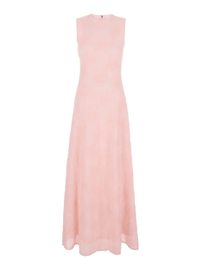 Long 'Crew Neck' Dress with All-Over Embroidery and Zip Closure at the Back in Stretch Tech Fabric Pink Women in Pink, image 1 of 1 from Gaudenzi Boutique