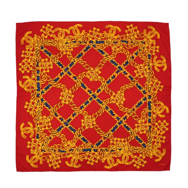 Chanel Vintage Cocomark Chain Pattern Scarf Gold Red Silk in Red Silk from Luxury Promise