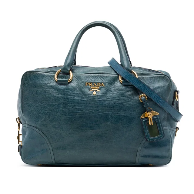 Blue Prada Vitello Shine Satchel in Blue Leather from Designer Revival