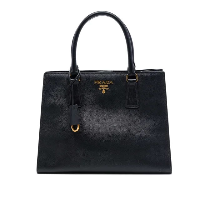 Black Prada Medium Saffiano Lux Open Convertible Tote Satchel in Black Saffiano leather from Designer Revival