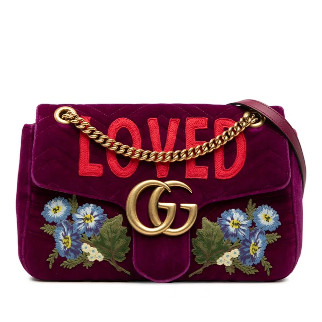 Purple Gucci Large GG Marmont Embroidered Matelasse Velvet Loved Flap Crossbody in Purple Velvet from Designer Revival