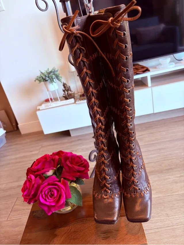 Dolce & Gabbana Brown Lace-Up Knee-High Boots in brown|red Leather from Poshmark