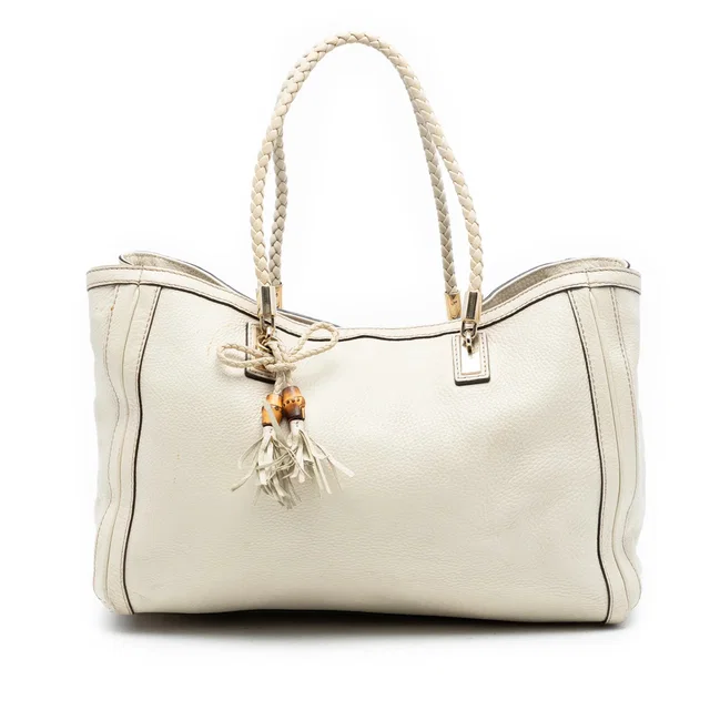 White Gucci Medium Leather Bella Tote in White Leather from Designer Revival