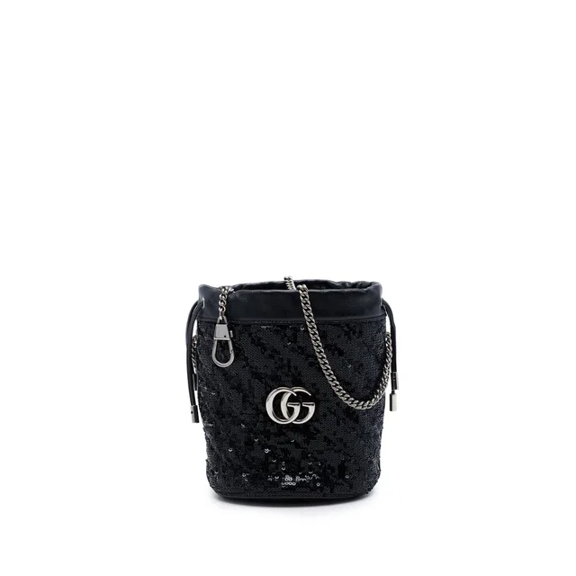 Black Gucci Small GG Marmont Sequined Diagonal Matelasse Calfskin Bucket Bag in Black Calfskin from Designer Revival