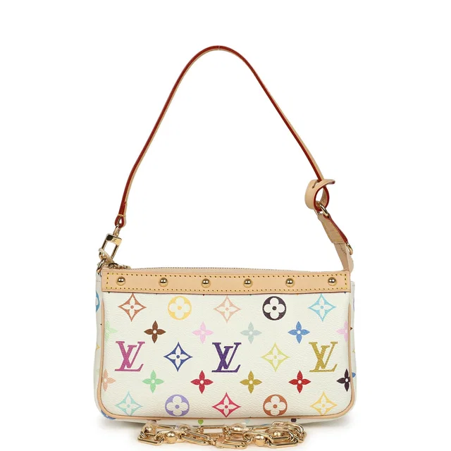 Louis Vuitton X Takashi Murakami Pochette Accessories White Multicolored Monogram Gold Hardware in White Coated canvas from Madison Avenue Couture