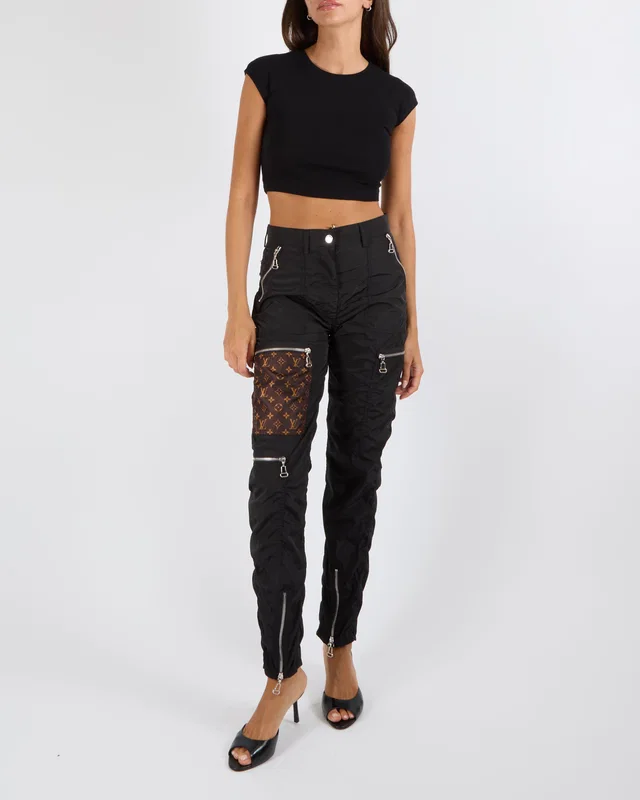 Louis Vuitton Fall 2020 Black Cargo Trousers with Brown Monogram Logo Patches and Silver Zippers Size FR 34… in Black from Sellier