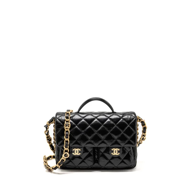 Chanel Double pocket top handle messanger bag shiny calfskin black GHW (microchip) in Black Calfskin from EMIER