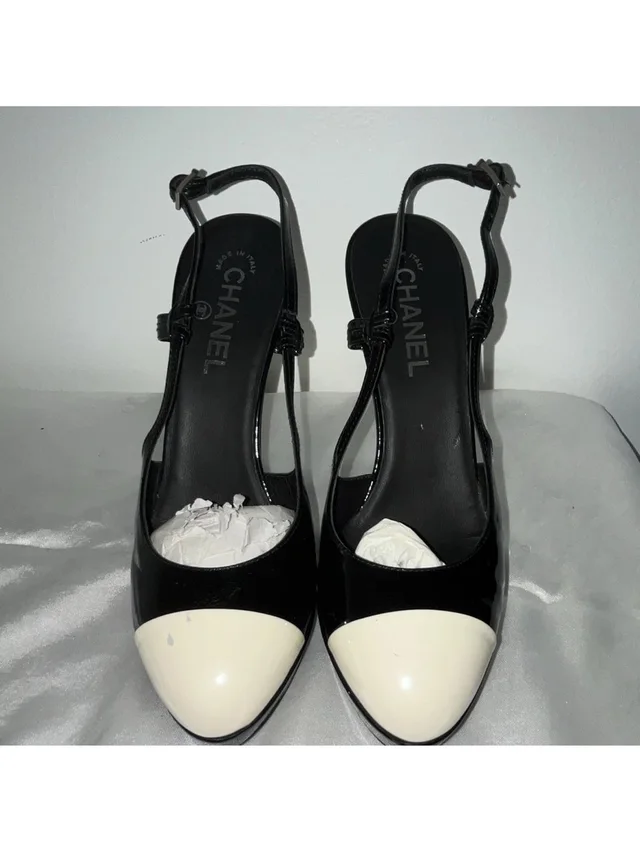 Chanel Black Patent Leather Slingback Pumps With White Cap Toe in black|white Patent leather from Poshmark