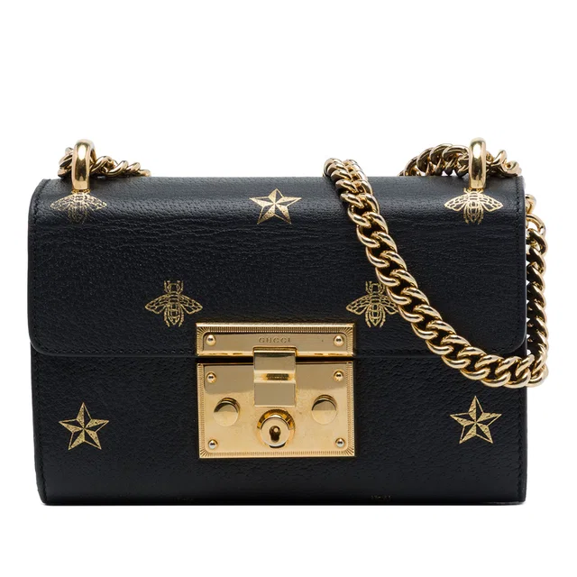 Black Gucci Small Calfskin Bee Star Padlock Crossbody in Black Calfskin from Designer Revival