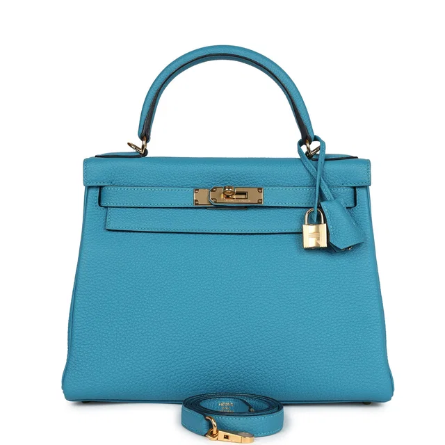 Hermès Kelly Retourne 28 Turquoise Togo Gold Hardware in Blue Togo leather from Madison Avenue Couture