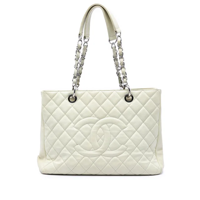 White Chanel Caviar Grand Shopping Tote in White Caviar leather from Designer Revival