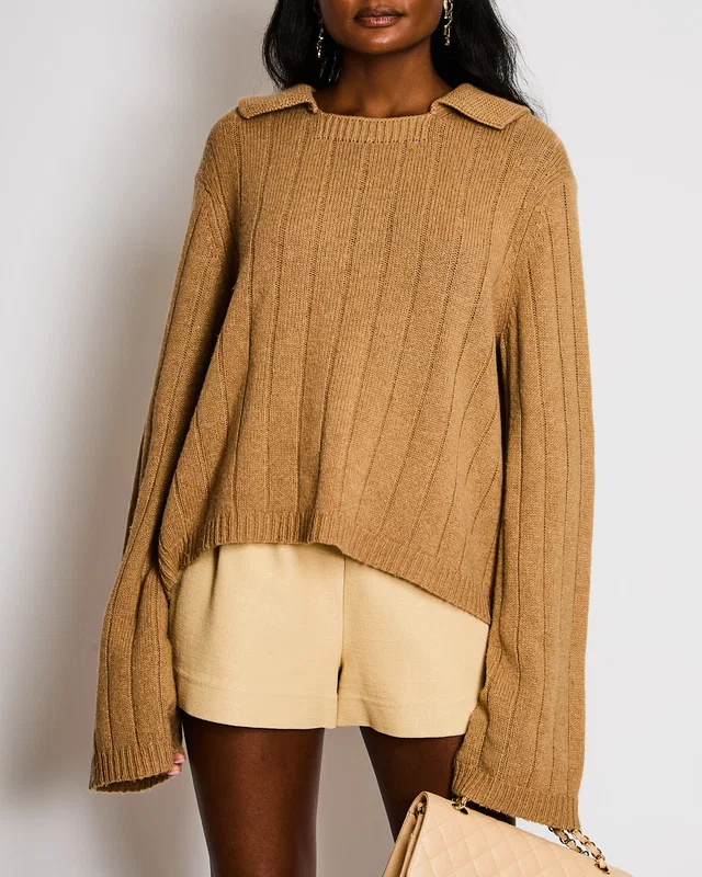 Khaite Beige Cashmere Collared Ribbed Knit Jumper Size S (UK 8) in Beige Cashmere from Sellier