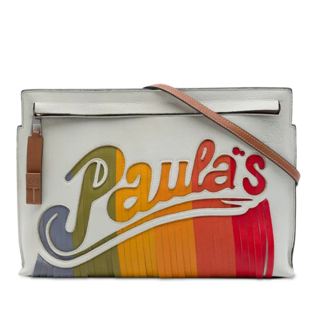 White LOEWE Paulas Ibiza Leather Fringe T Pouch Crossbody in White Leather from Designer Revival